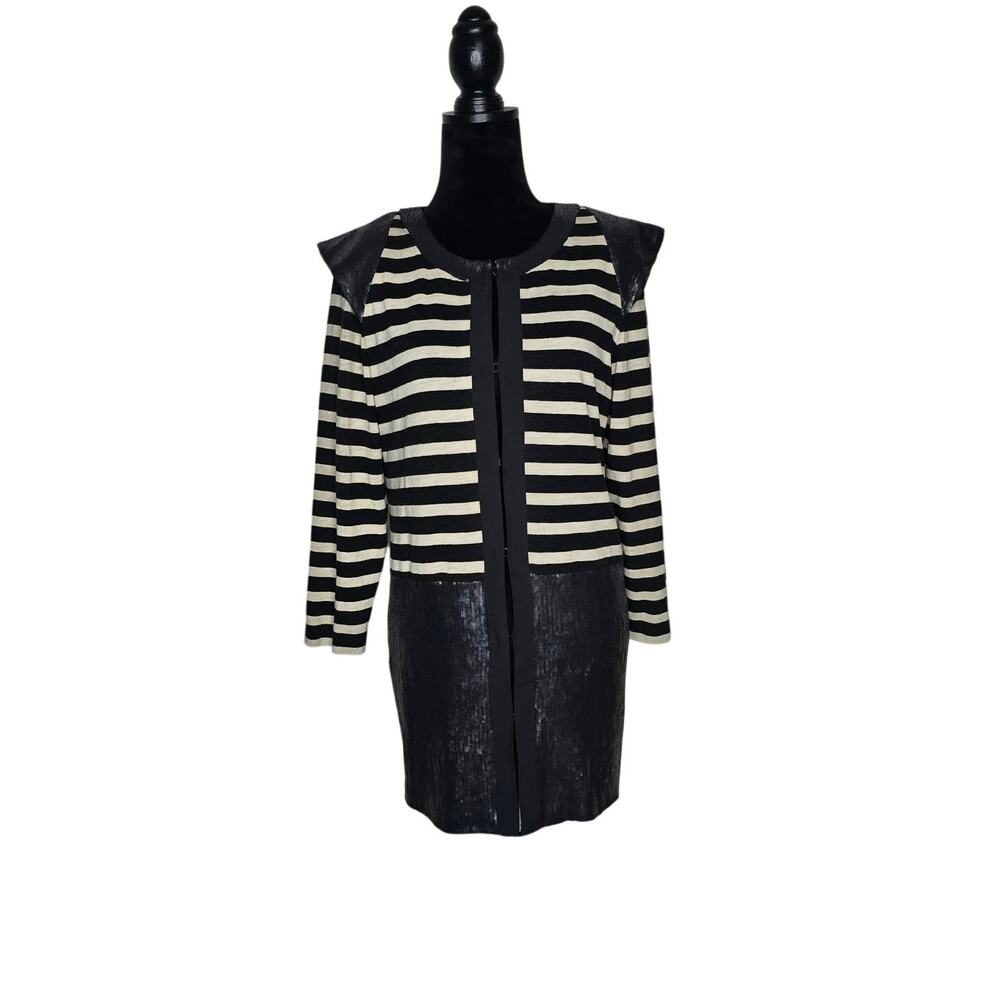 Beatriz da Silva Womens Navy Cream Striped Sequin Long Cardigan Wool Blend